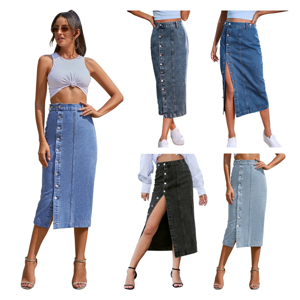 Women's Irregular Slit Denim High Waist Long Skirt