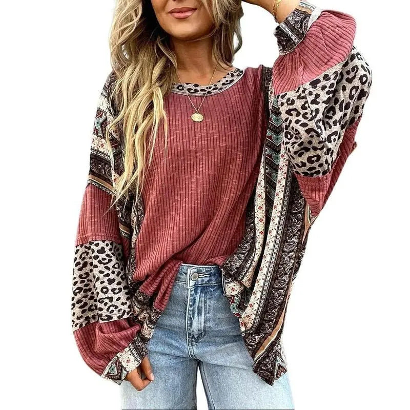 Women's Contrast Color Striped Round Neck Sleeve Tops