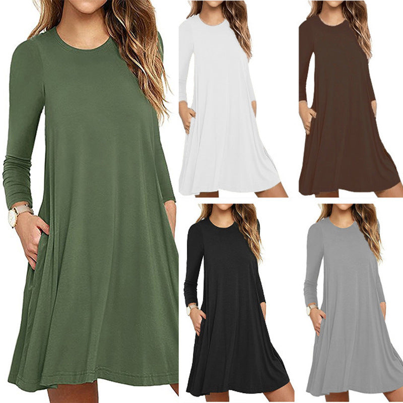 Women's Solid Color Long Sleeve Pocket Dress
