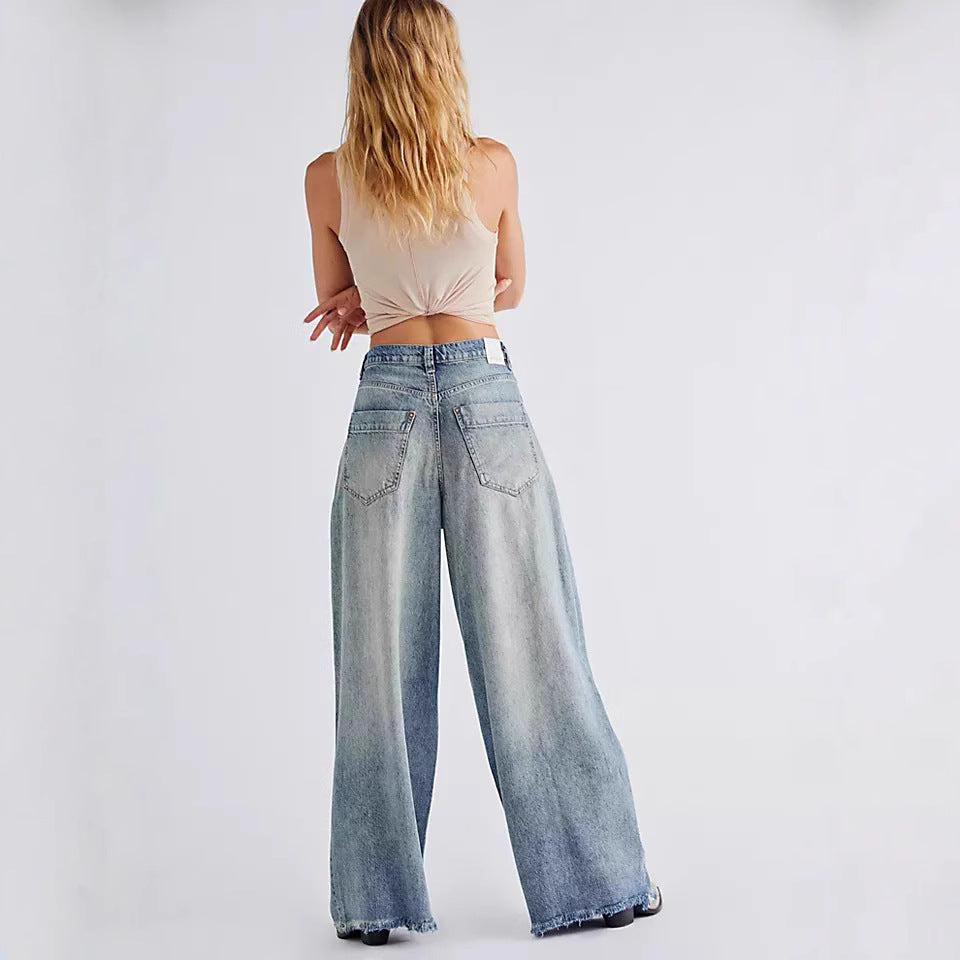 Retro Washed High Waist Straight Wide Leg Denim Women's Jeans