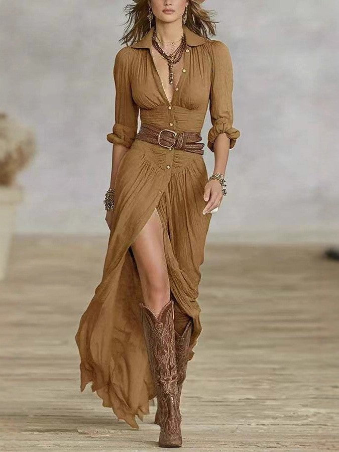 Women's Autumn Sexy Solid Color Irregular Pleated Dress