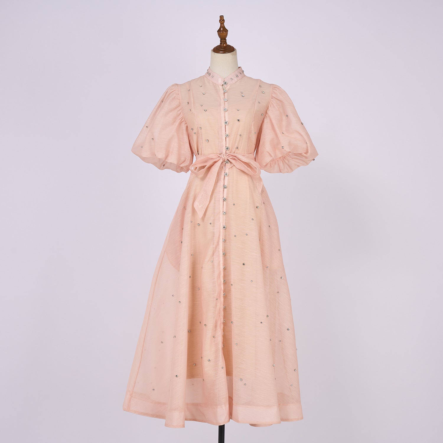 Summer Palace Style High Design Sense Rhinestone Sleeve Single-breasted Long Dress