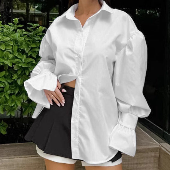 Women's Style Solid Color Polo Collar Loose Blouse