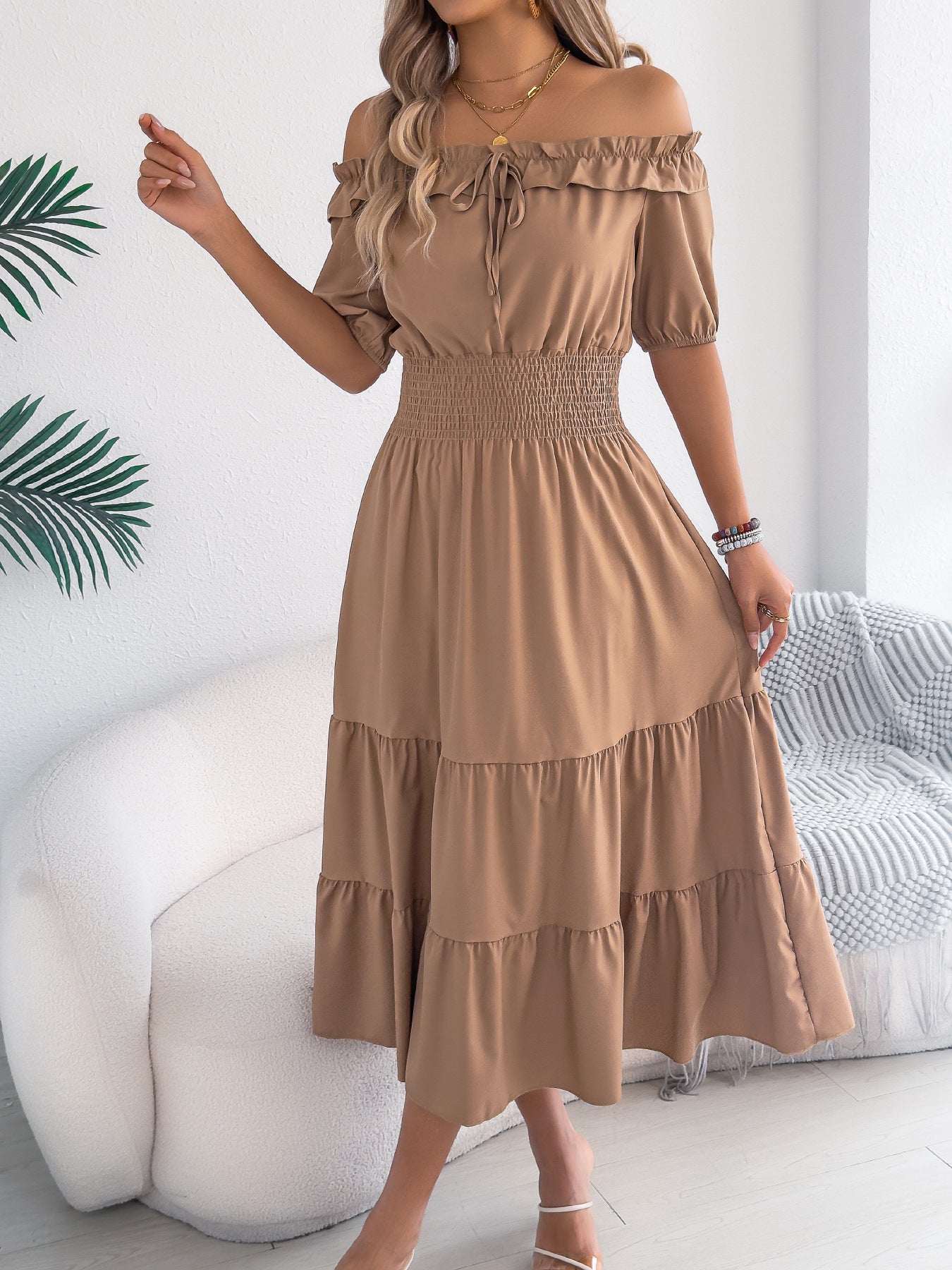 Women's Casual Stringy Seedge Sleeve Smocking Long Dress