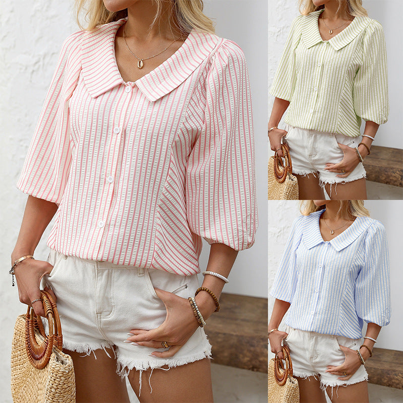 Women's Summer Lapel Puff Sleeve Sweet Doll Blouse