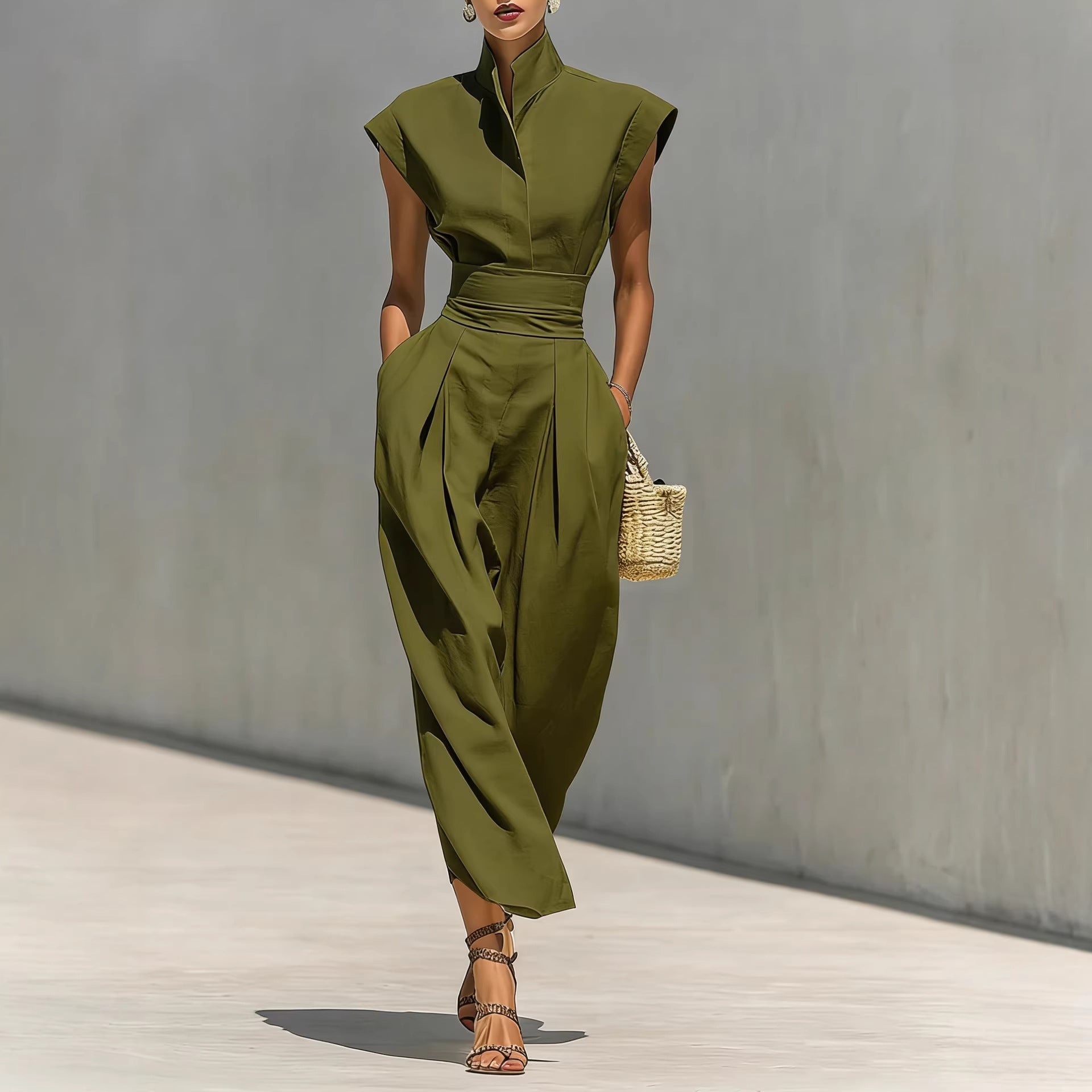 Women's Elegant High Waist Long Collar Loose Dress