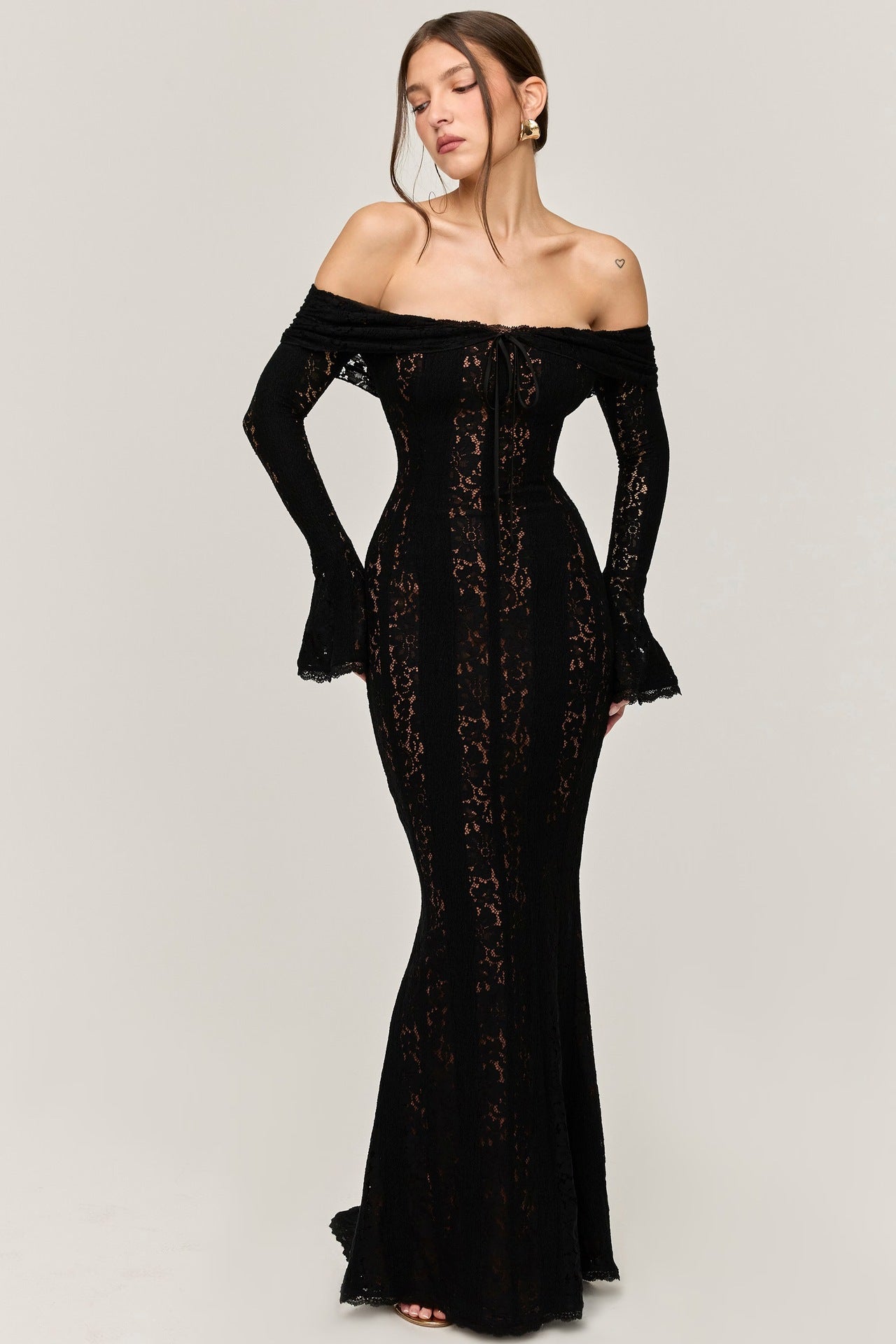 Lace Flared Sleeve Sheath Sexy Long High Dress