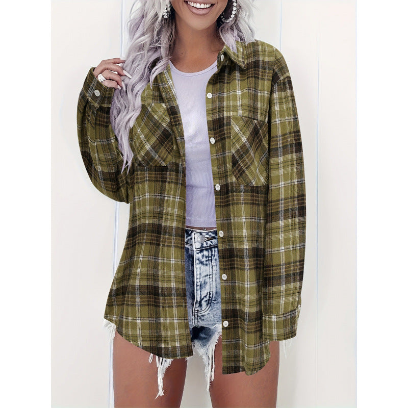 Women's Spring Plaid Printed Long Sleeve Lapel Cardigans
