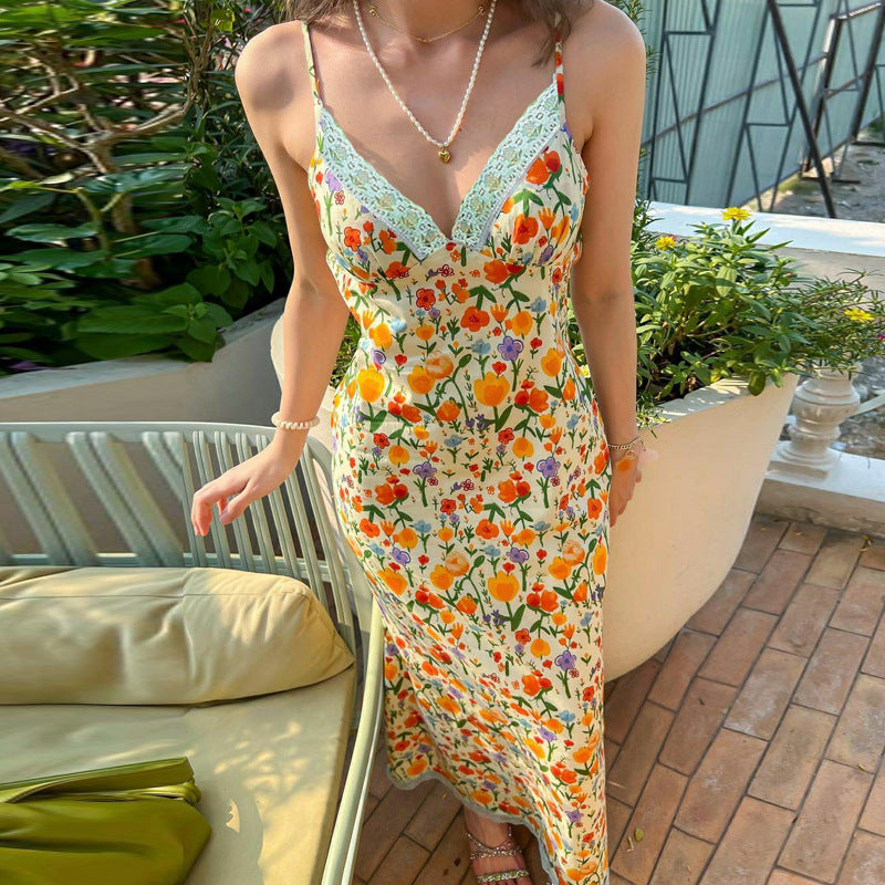 Women's Fashion Backless Printed Sexy Slip Lace Dress
