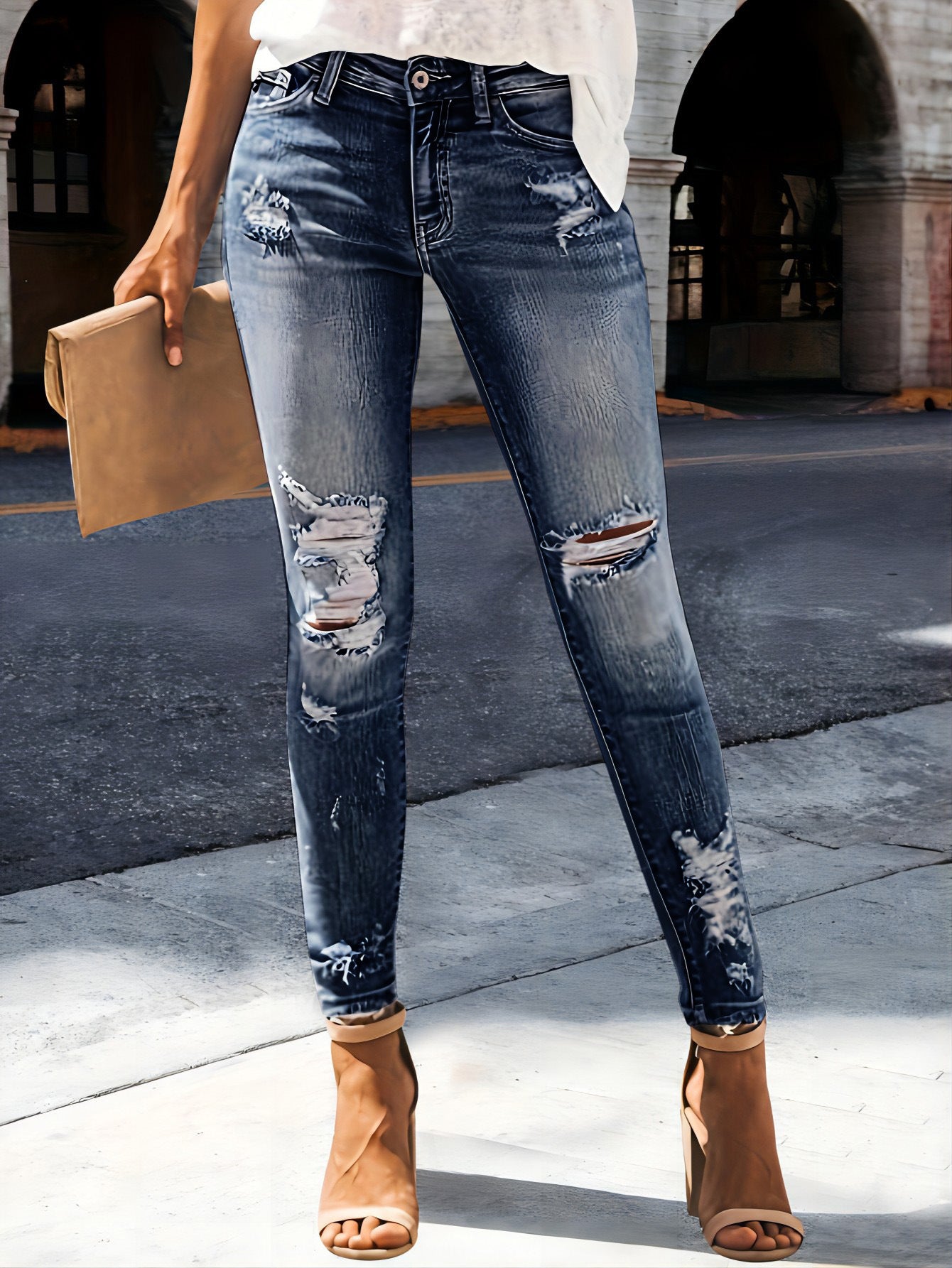 Women's Ripped Elastic Slim Fit Slimming Trousers Jeans