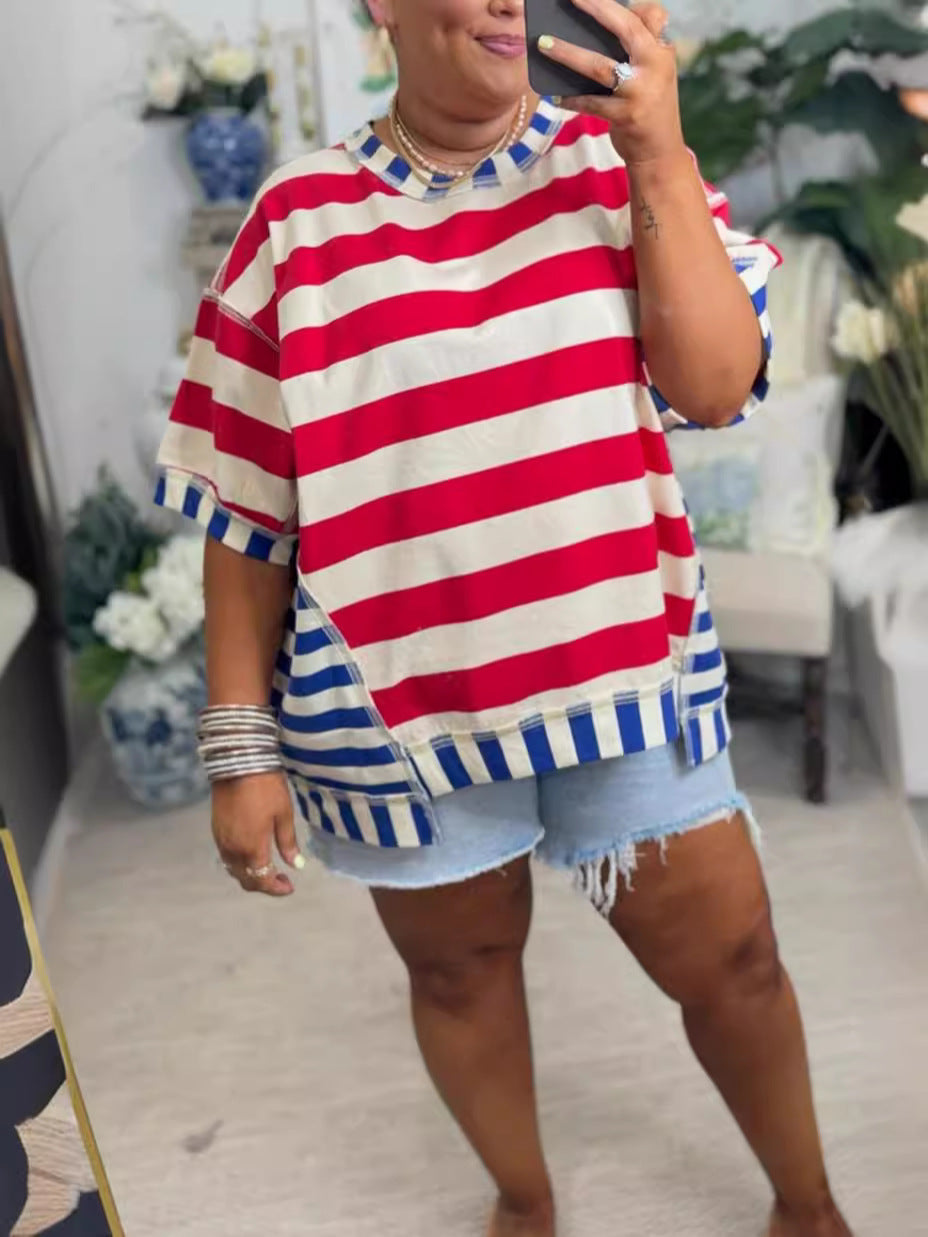 Slouchy Women's Loose Casual Striped Stitching Women's T-shirt