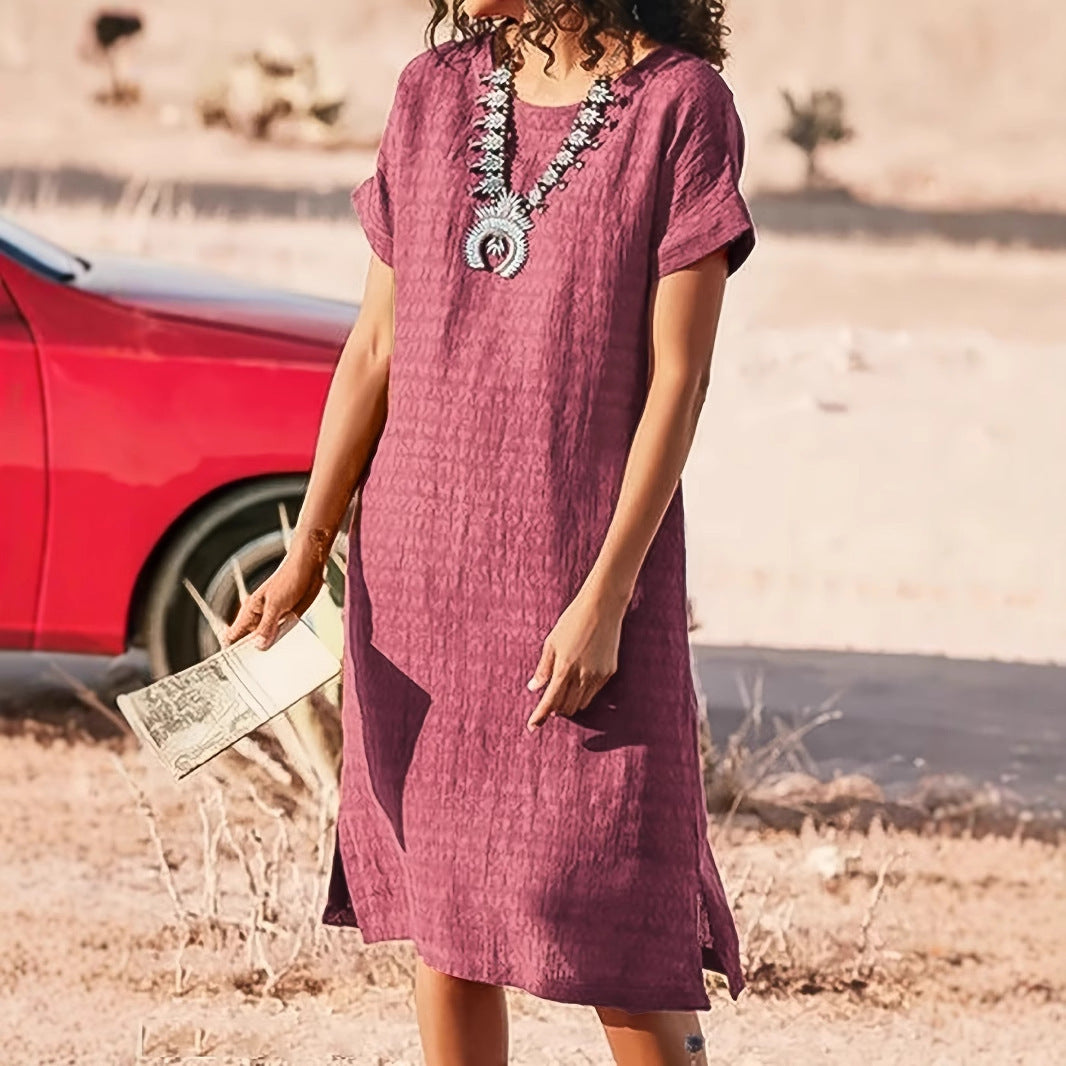 Women's Short-sleeved Casual Round Neck Side Slit Dress