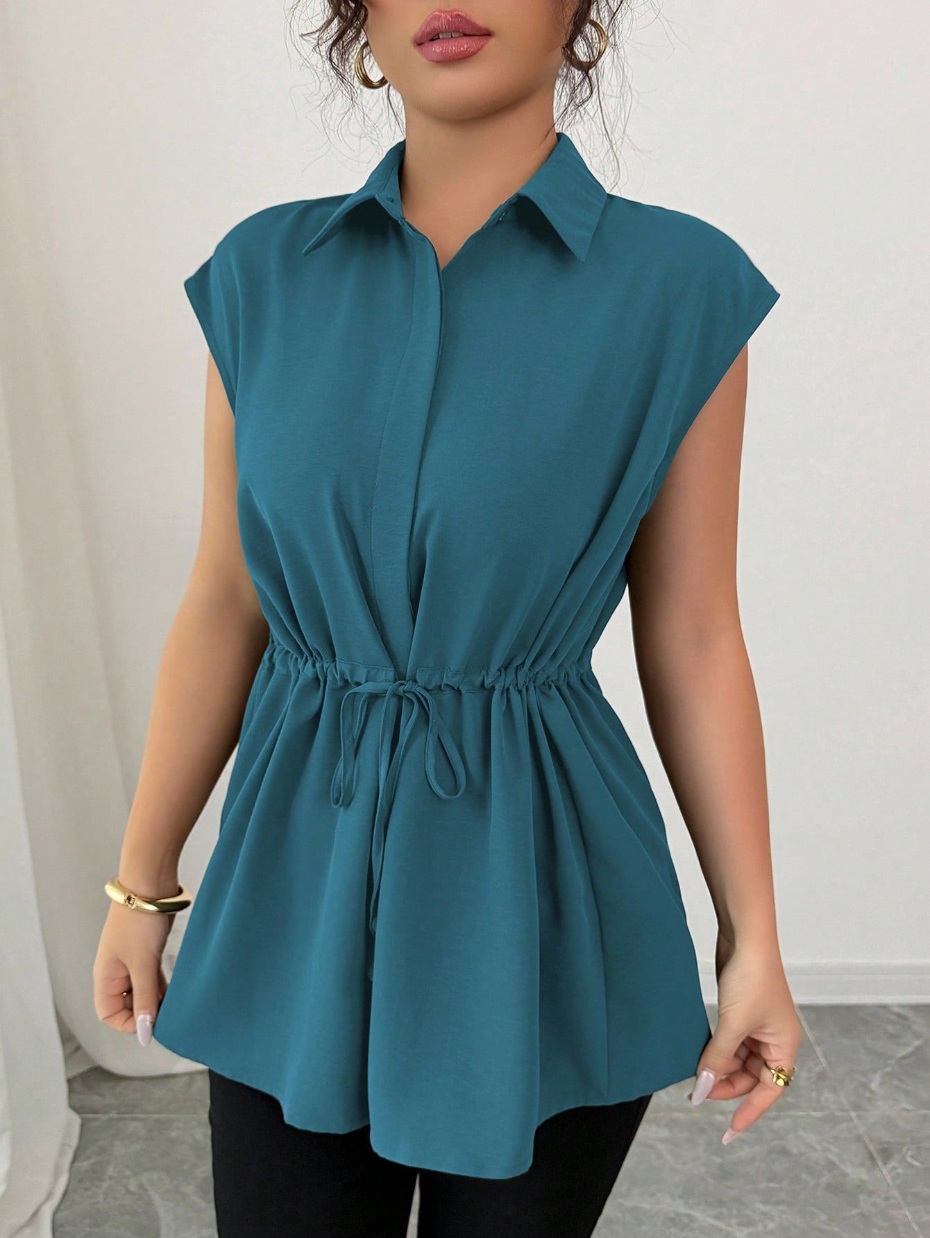 Women's Fashion Loose Waist Single-breasted Solid Color Collar Women's T-shirt