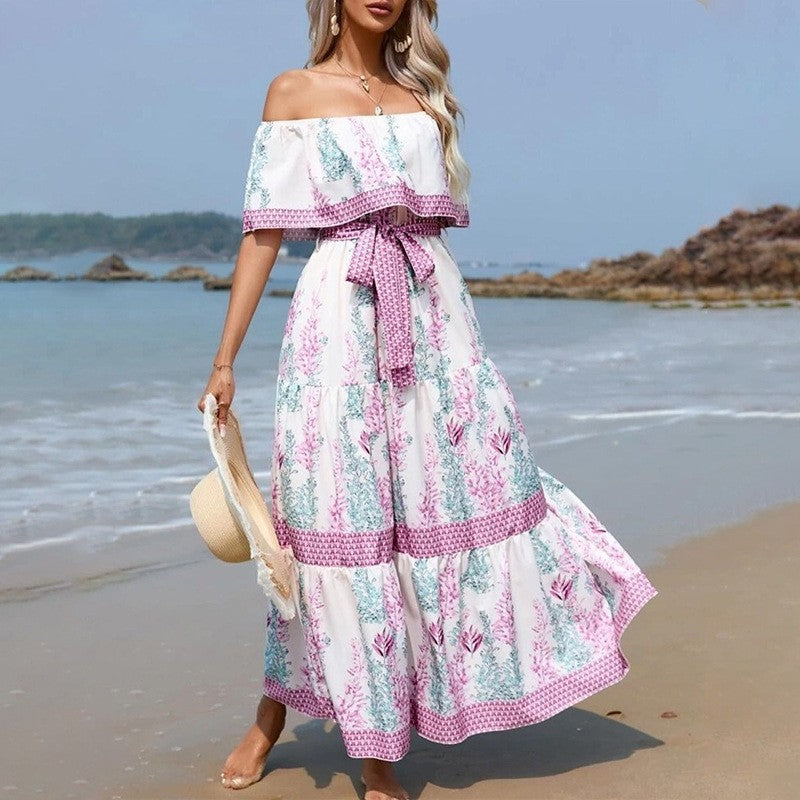 Women's Red Flower Print Long Large Hem Dress