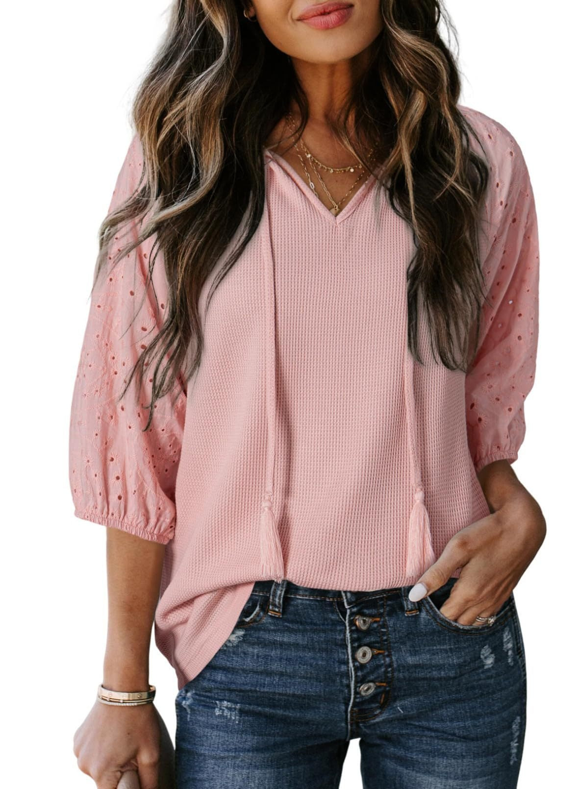 Women's Summer Jacquard Lantern Sleeve Color Matching Tops