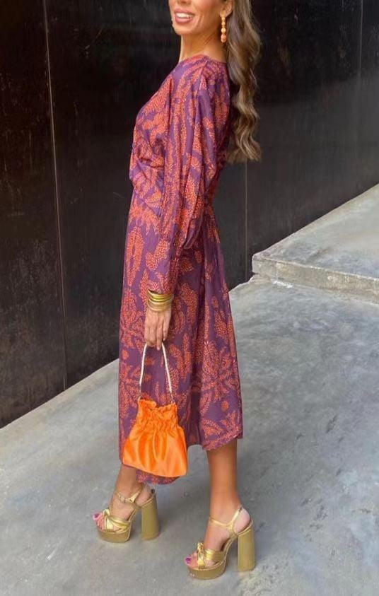 Graceful Slouchy Women's Autumn Print Mid-length Dress