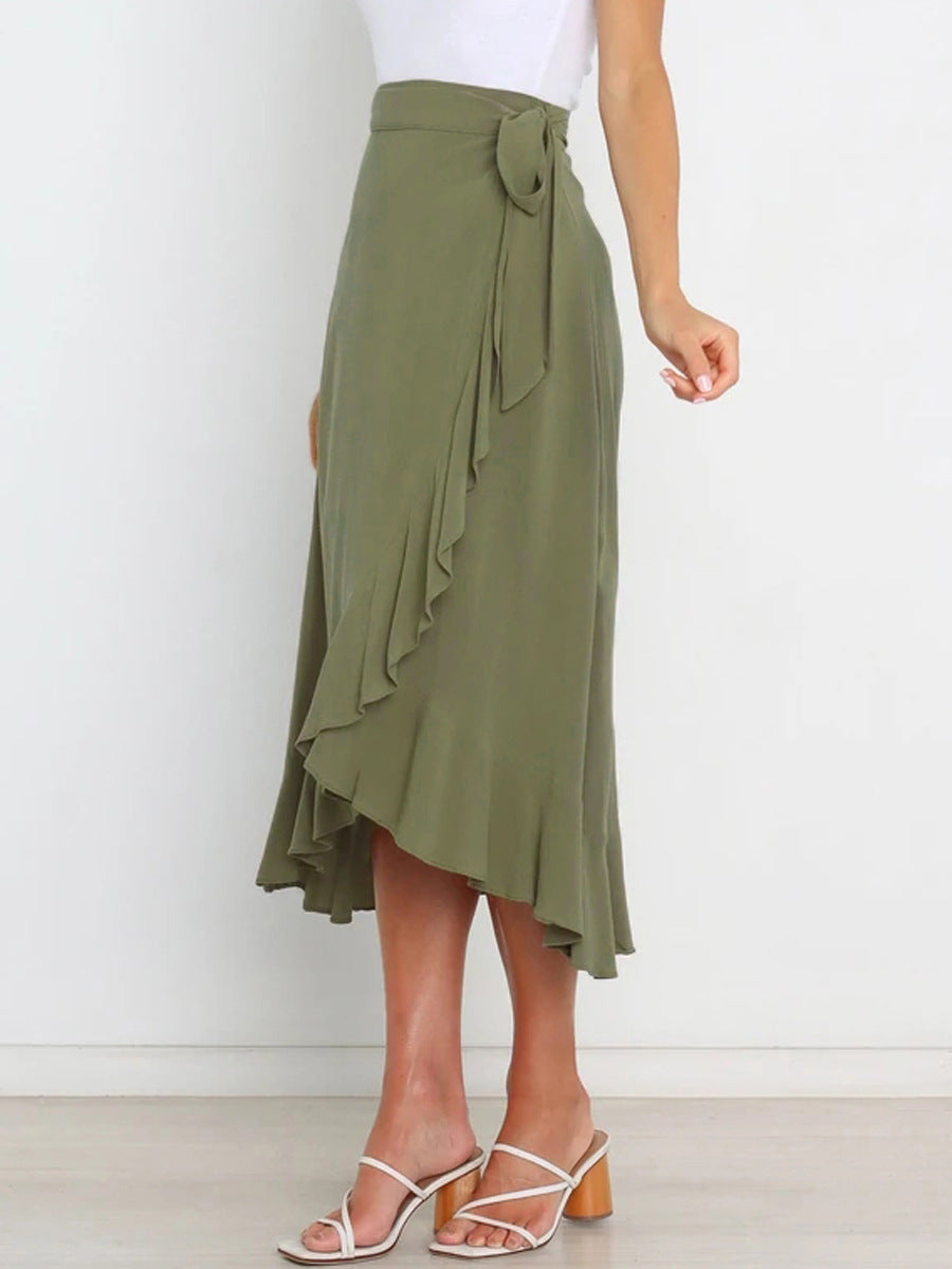 High Waist Wrap Vacation Style Ruffled Irregular Long Skirts