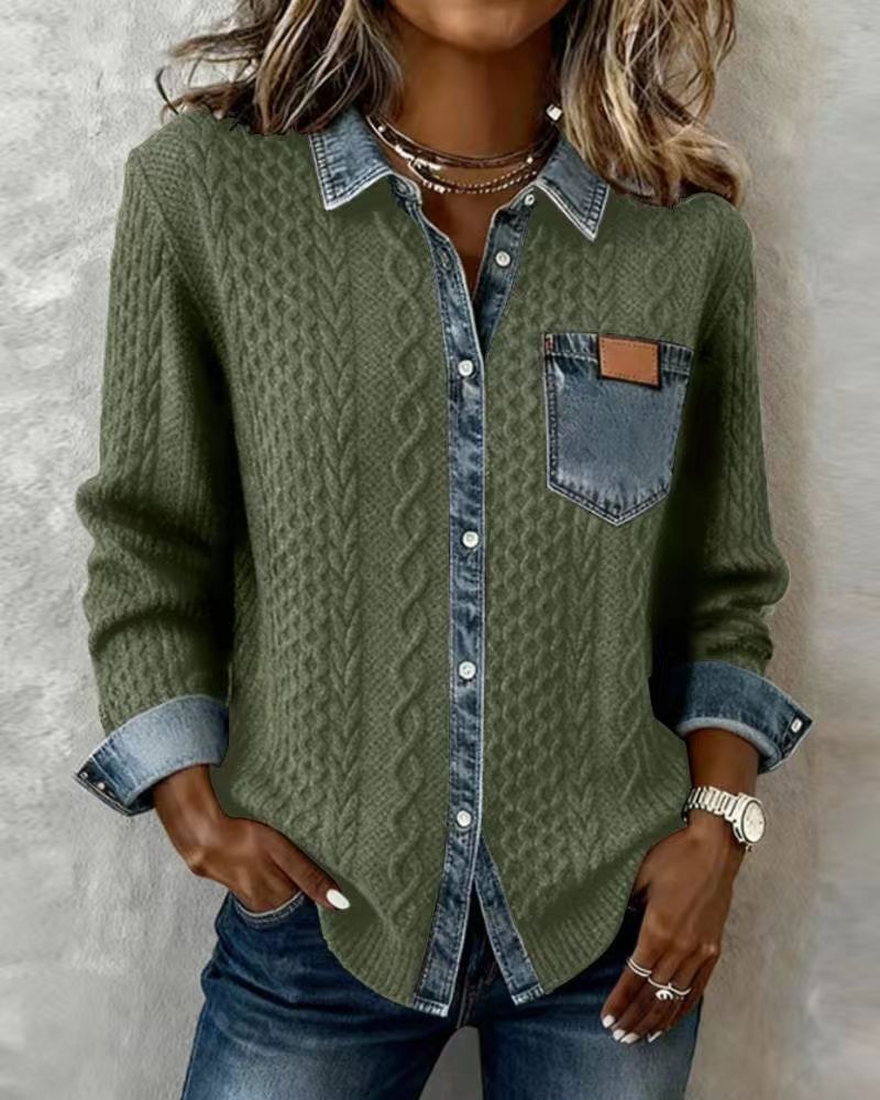 Women's Knitted Patchwork Denim Shirt Fashionable Long Jackets