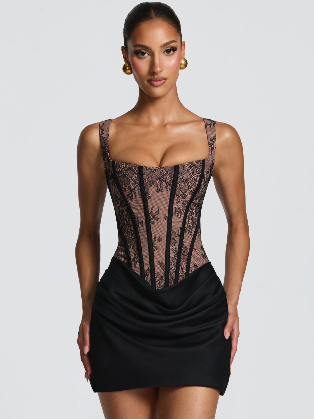 Women's Casual Long-sleeved Pure Lace Sling Fishbone Draped Dress