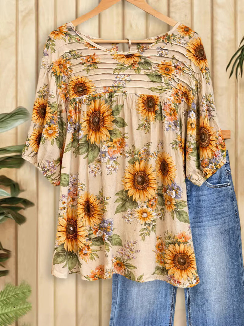 Women's Pleated Round Neck Printed Shirt Blouse