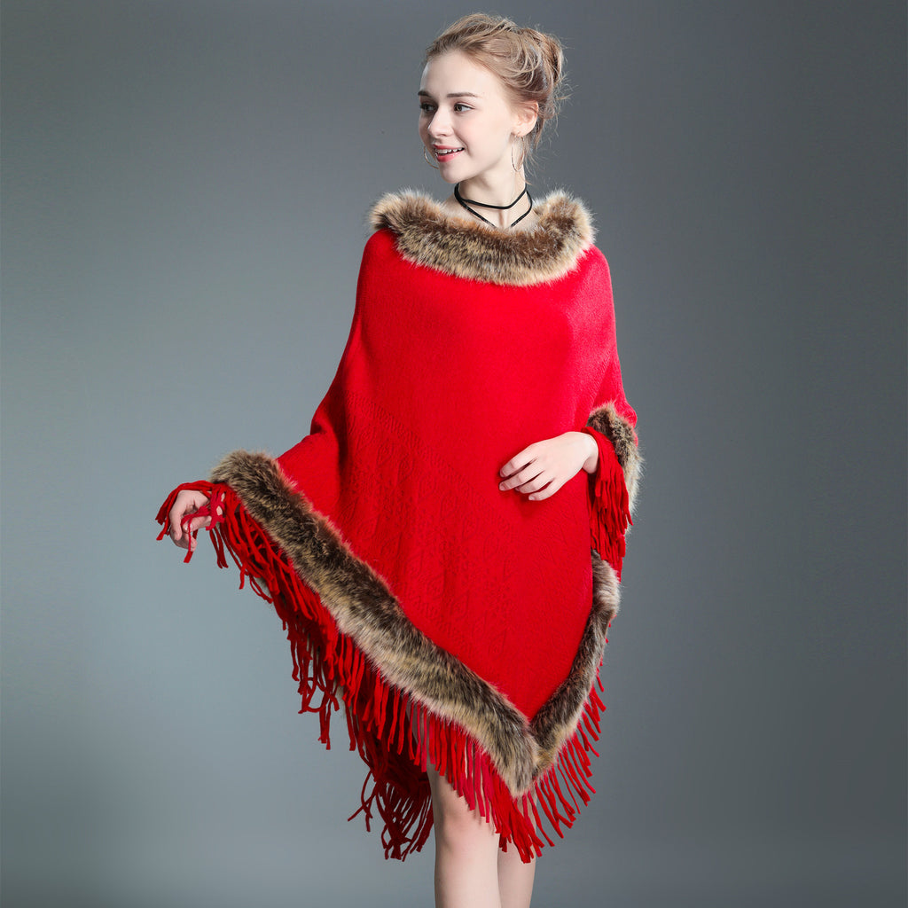 Women's Raccoon Fur Collar Shawl Cape Tassel Women's Sweater