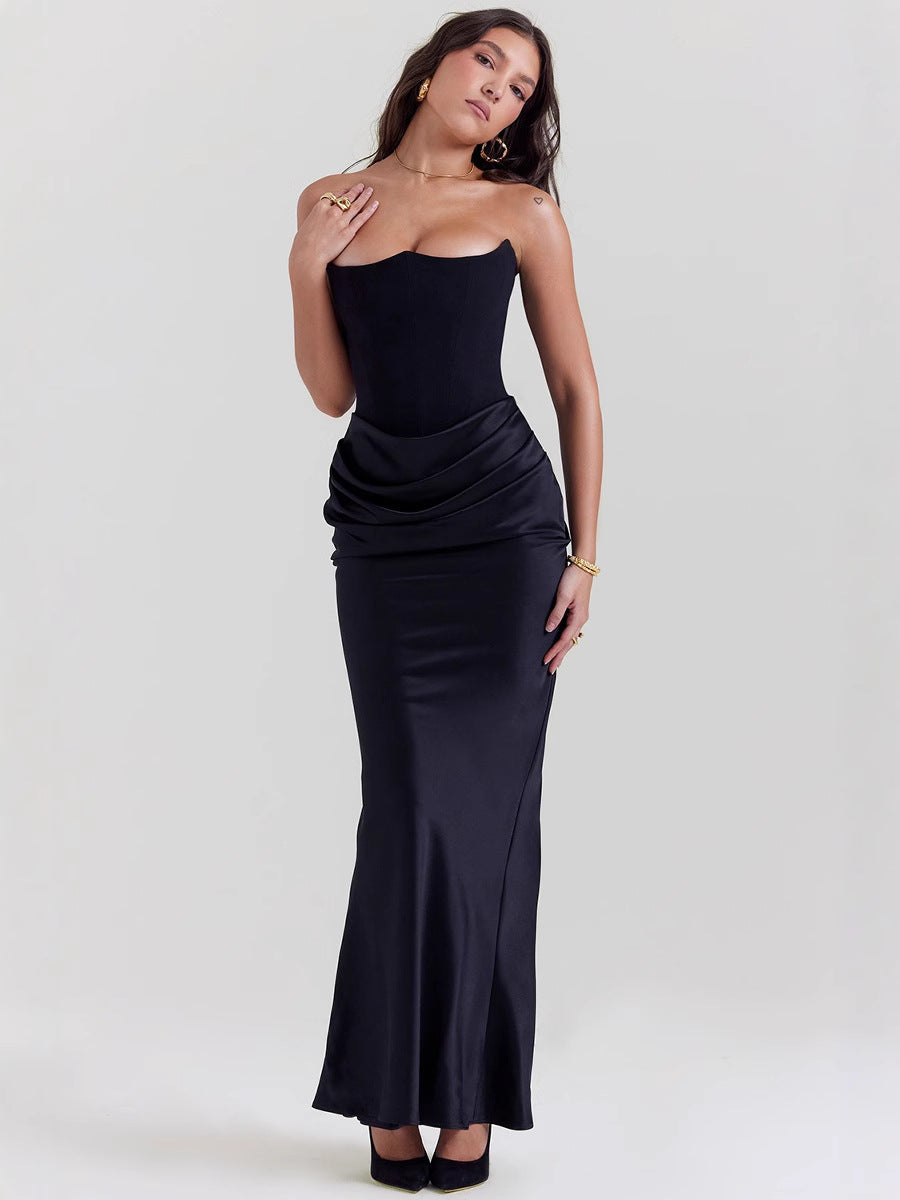 Waist Tube Fishbone Pleated Long Sheath One-piece Dress