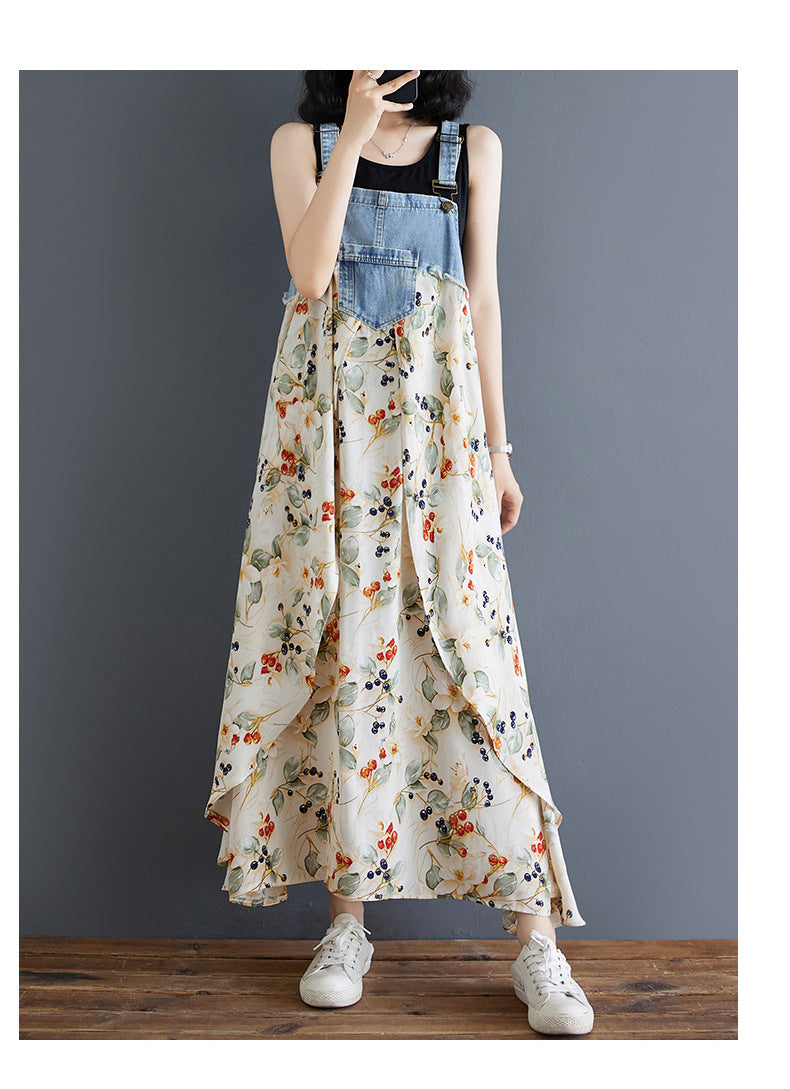 Color Loose Denim Stitching Floral Strap Dress
