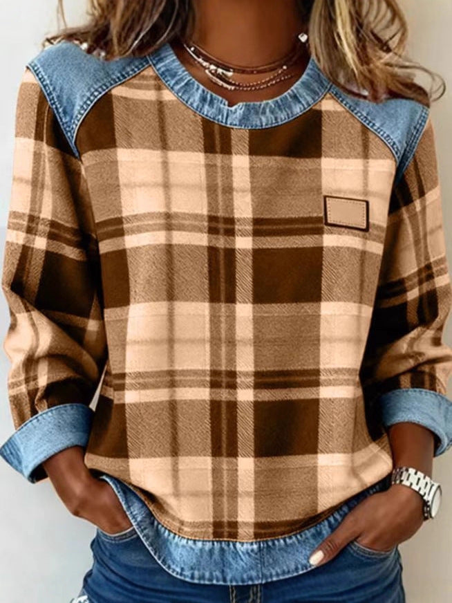 Women's Plaid Stitching Denim Round Neck Loose-fitting Source Sweaters