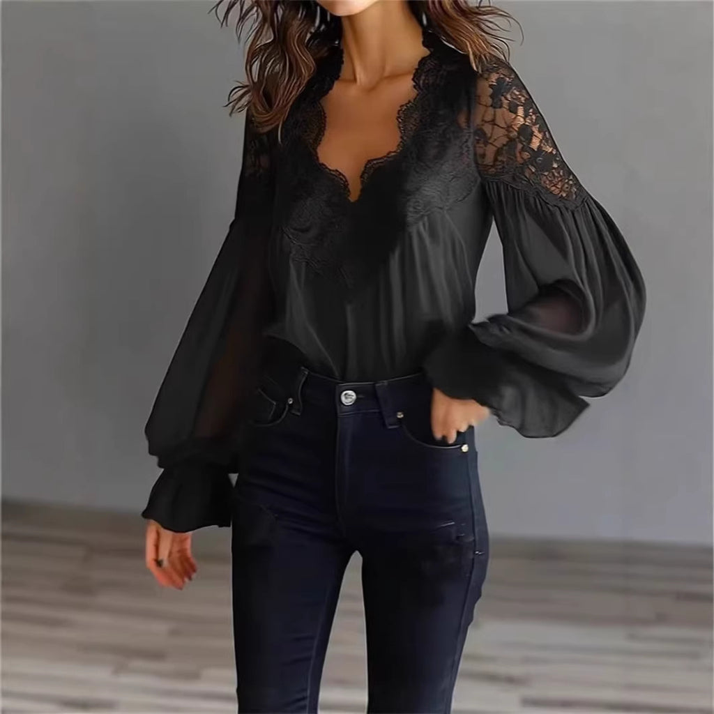 Women's Lace Stitching Puff Sleeve Pleated Shirt Blouse