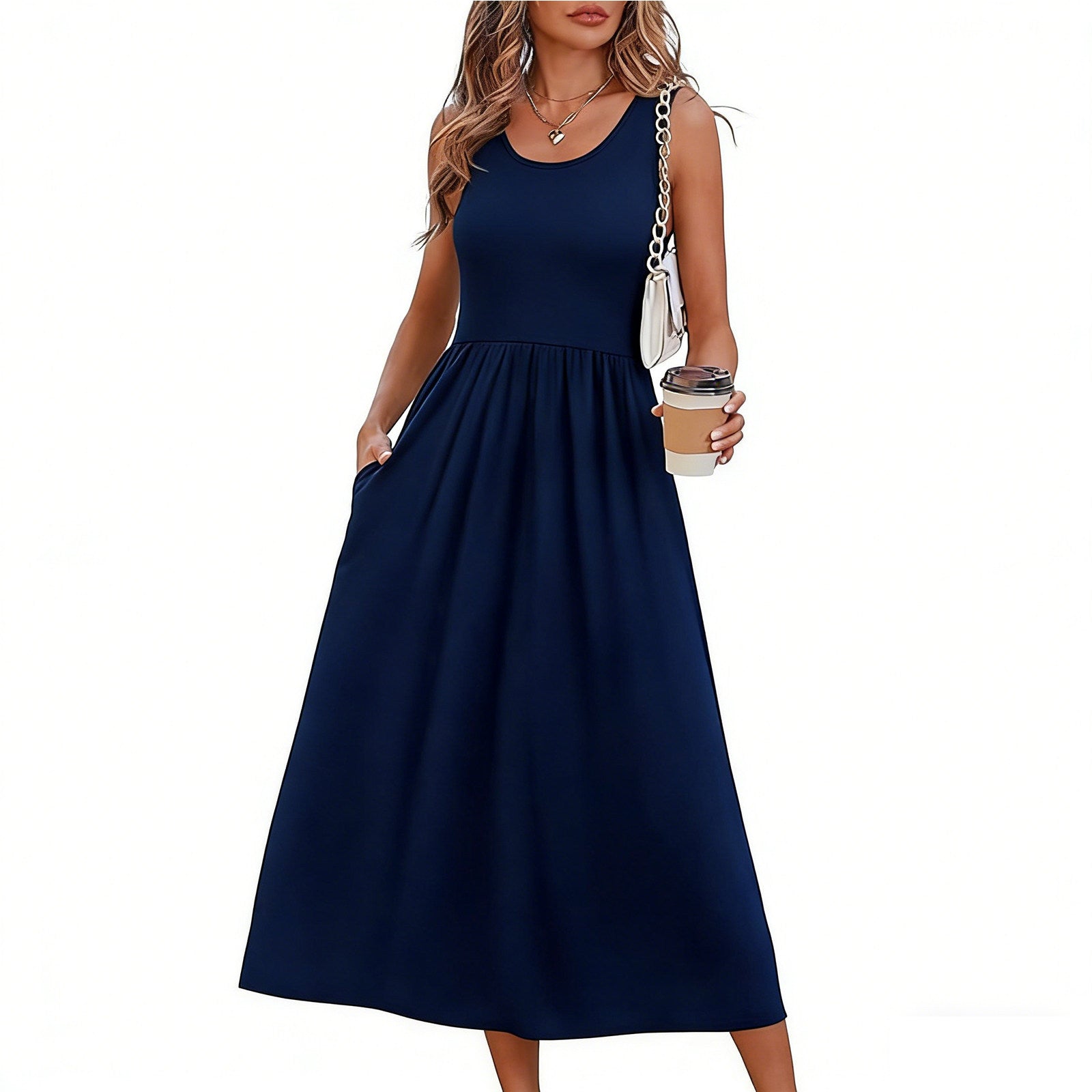 Women's Summer Printed Large Swing Sleeveless Pocket Dress