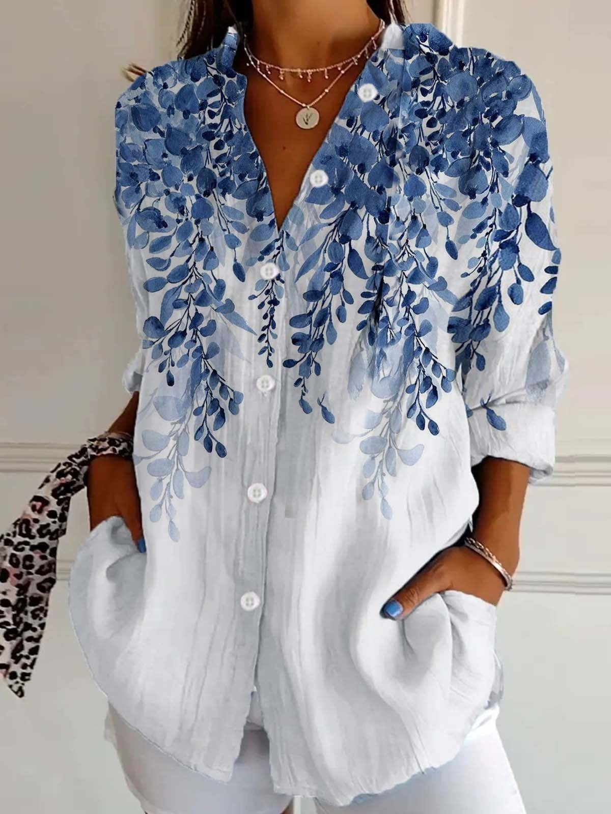 Women's Digital Printing Abstract Pattern Long Sleeve Buckle Blouse