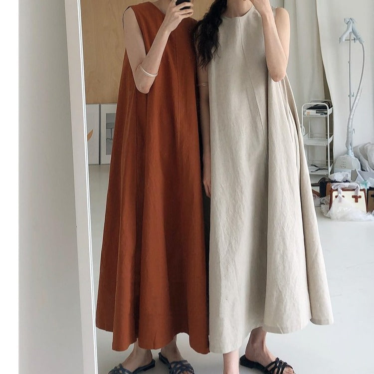 Style Loose Sleeveless Pumpkin Long Cotton Dress