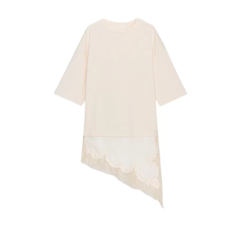 Women's Simple Straight Round Neck Sleeve Lace Stitching Women's T-shirt