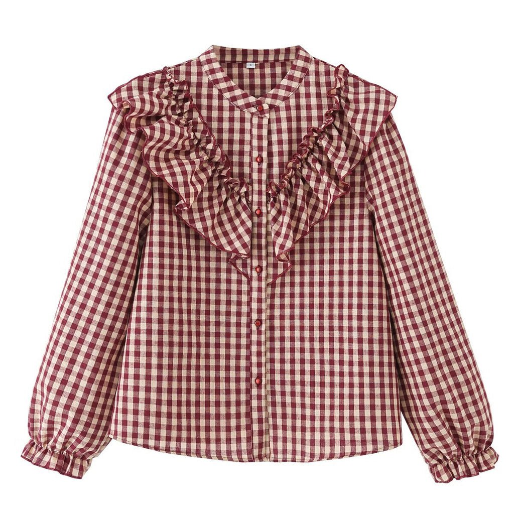 Spring Cotton Long-sleeved Plaid Laminated Decoration Blouse