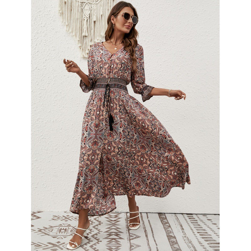 Women's Summer Printed Waist Bohemian Holiday Breasted Dress