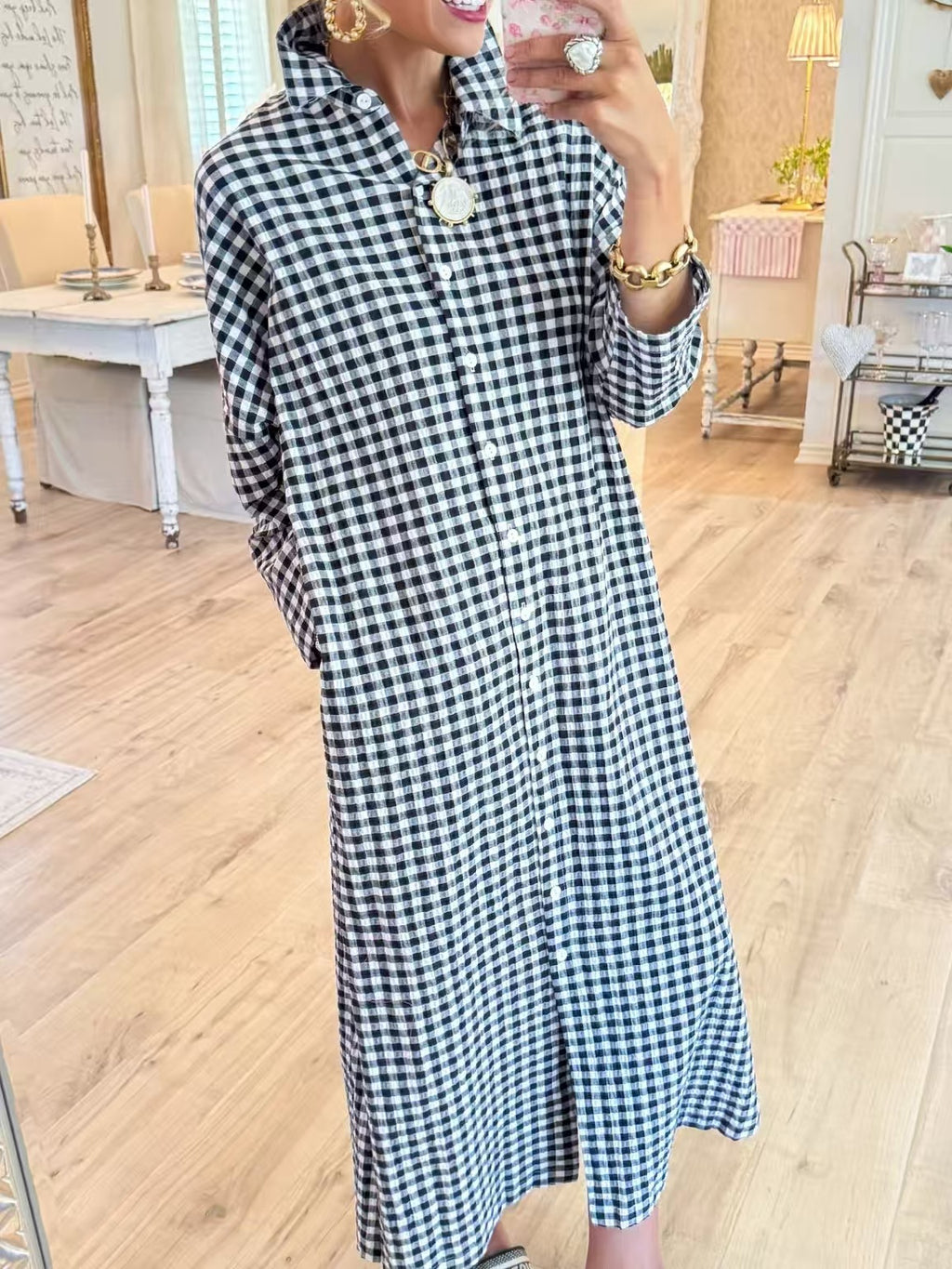 Women's Plaid Loose Slimming Side Slit Long Below The Knee Shirt Blouse