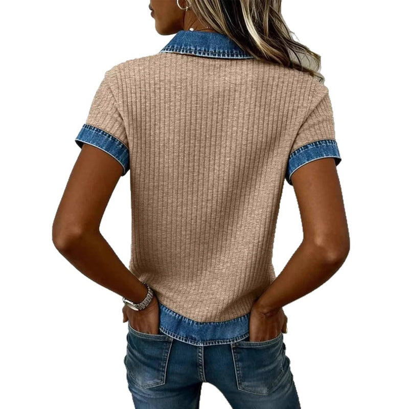 Attractive Women's Casual Denim Patchwork Knitting Women's T-shirt