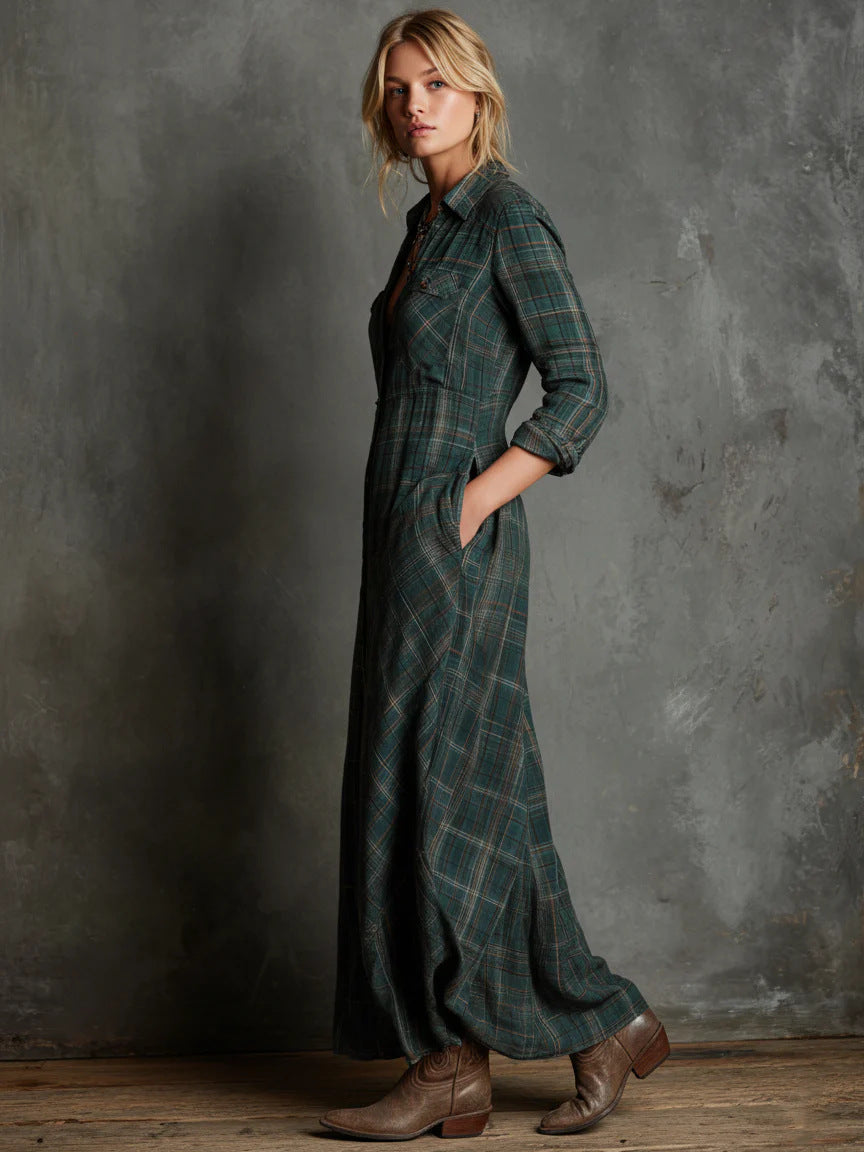 Women's Elegant Long Sleeve Plaid Shirtdress Fashion Dress