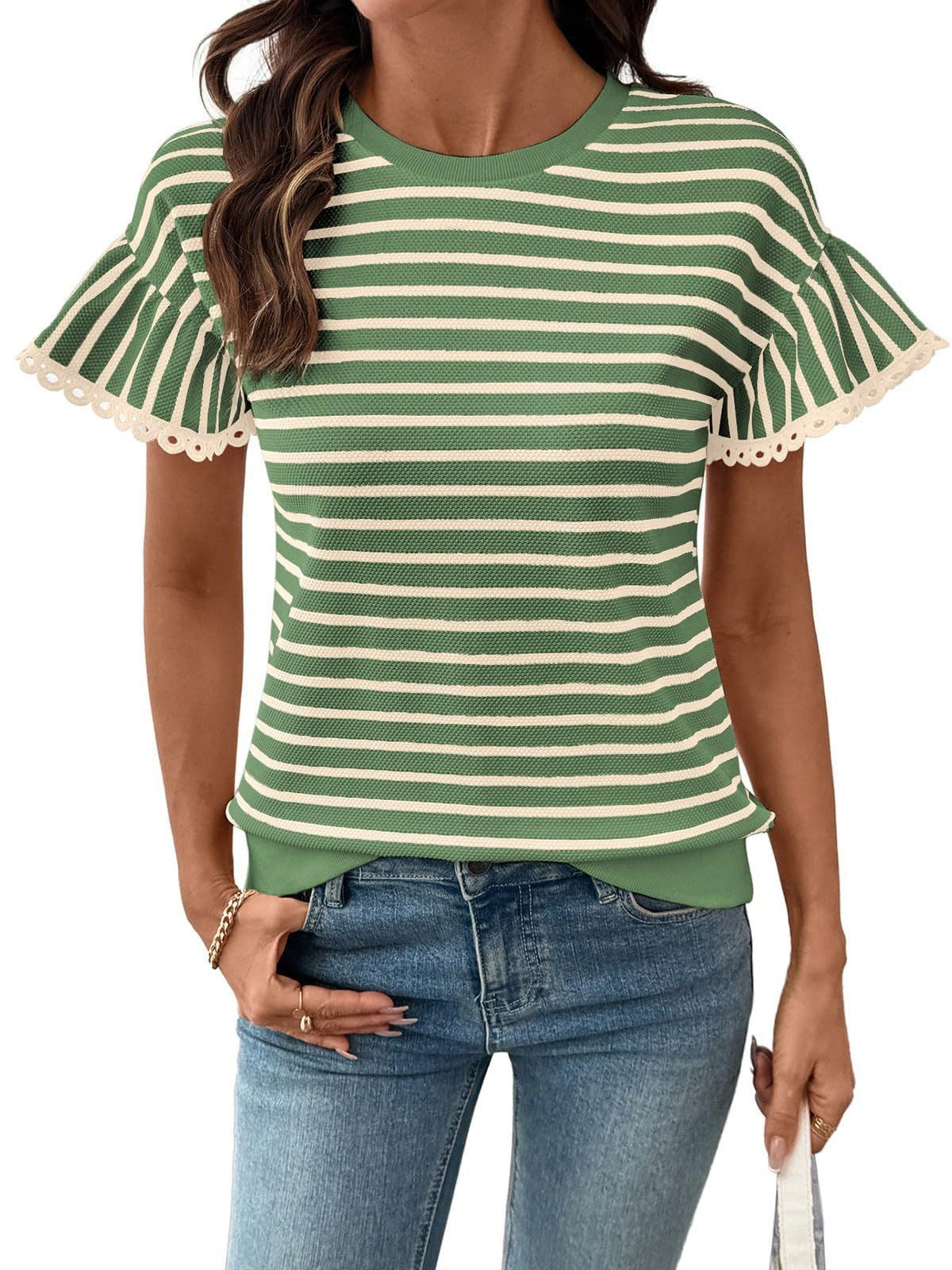 Women's Striped Lace Round Neck Sleeve Fashionable Tops