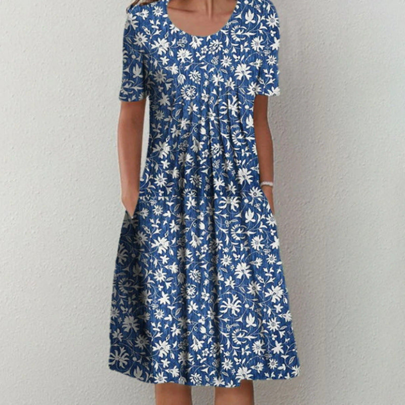 Women's Floral Print Round Neck Pocket Mid-length Clothing