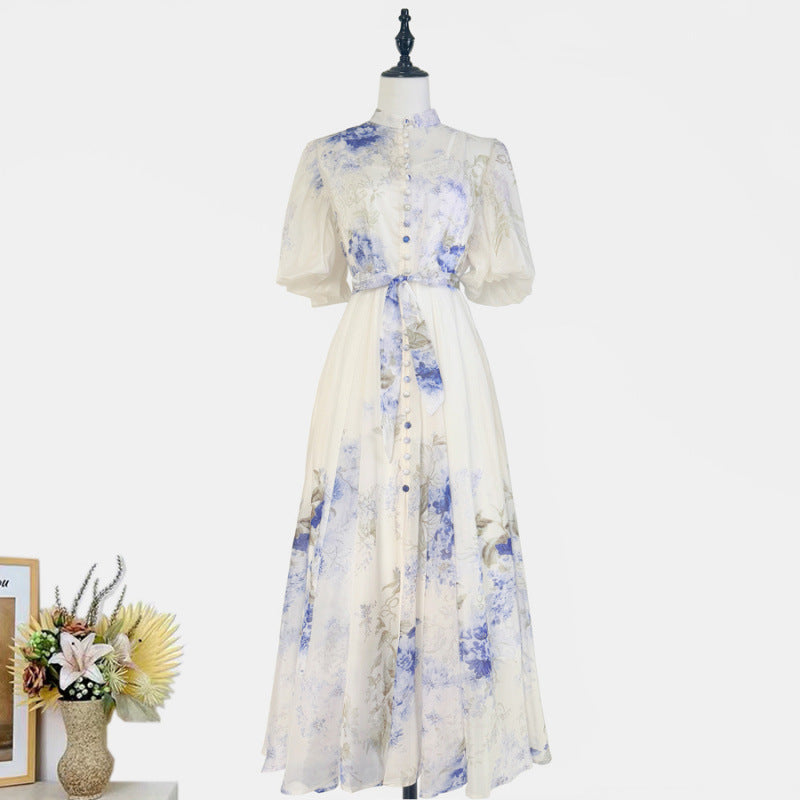 Women's Sleeve Fashion Printed Single-breasted Summer Long Dress