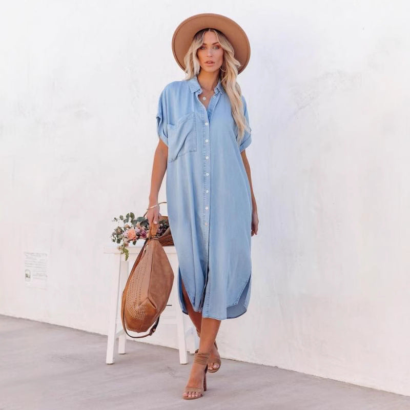 Fashion Solid Color Denim Sleeve Mid-length Shorts