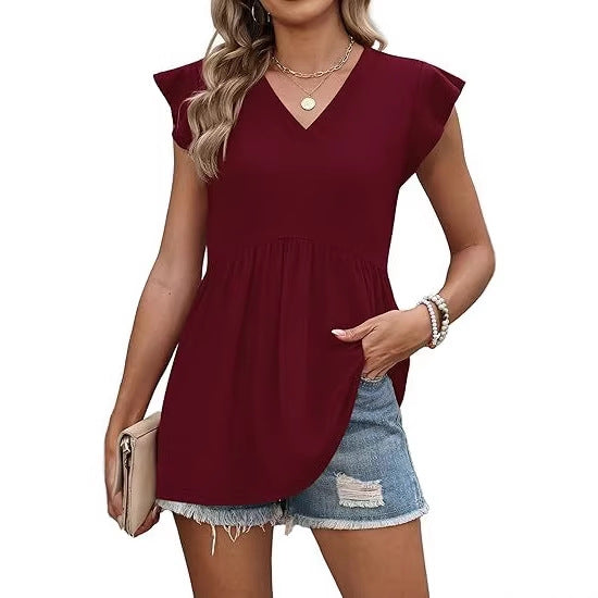 Comfortable Women's Style Clothes Pleated Sleeve Women's T-shirt