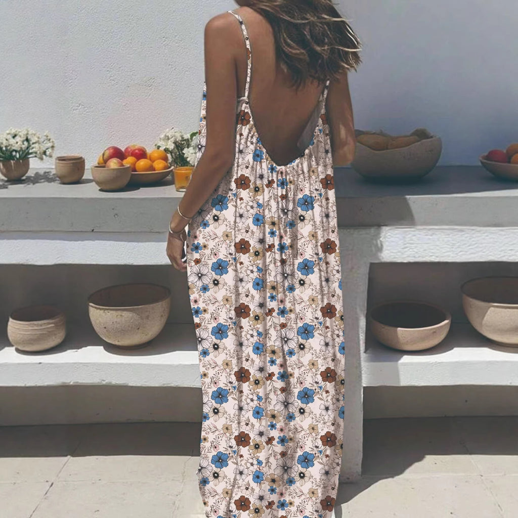 Women's Sling Backless Loose Print Long Dress