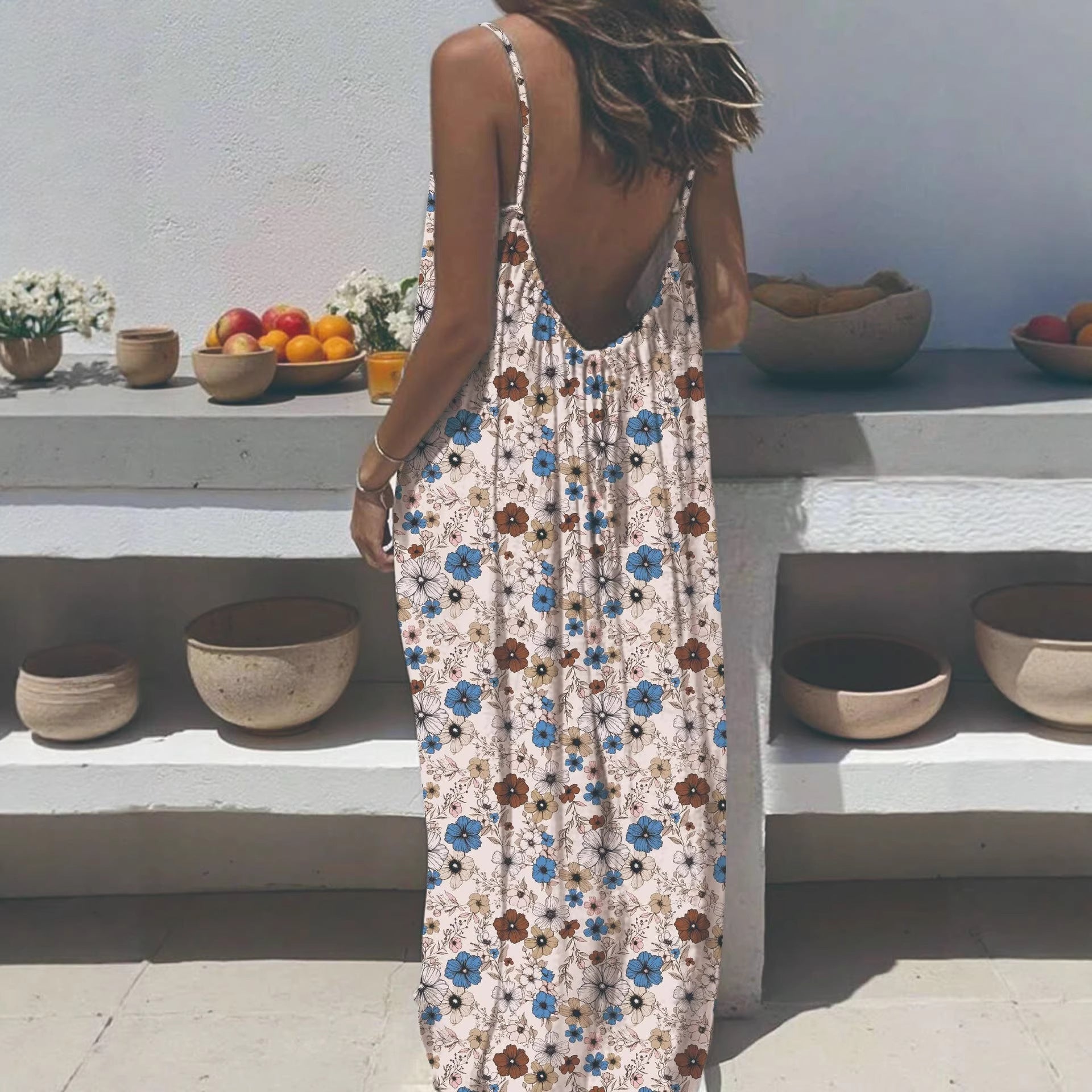 Women's Sling Backless Loose Print Long Dress