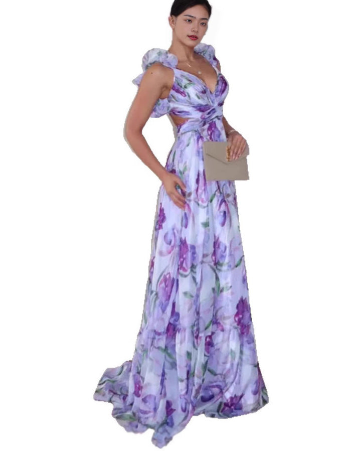 Women's Deep V Chiffon Long Printed Sleeveless Elegant Dress