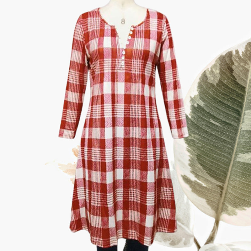 Beautiful Attractive Red Retro Plaid Button Dress