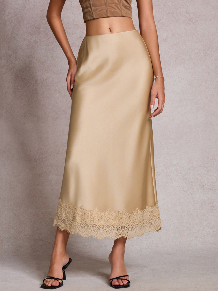 Women's Lace Satin High Waist Elastic Elegant Skirts