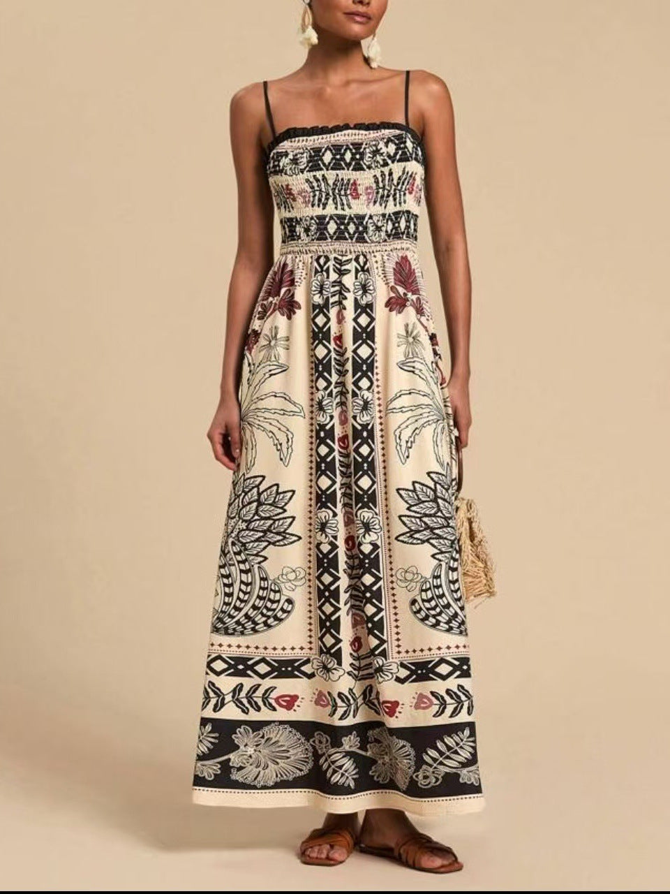 Women's Printed Elegant Graceful Smocking Waist Slimming Dress