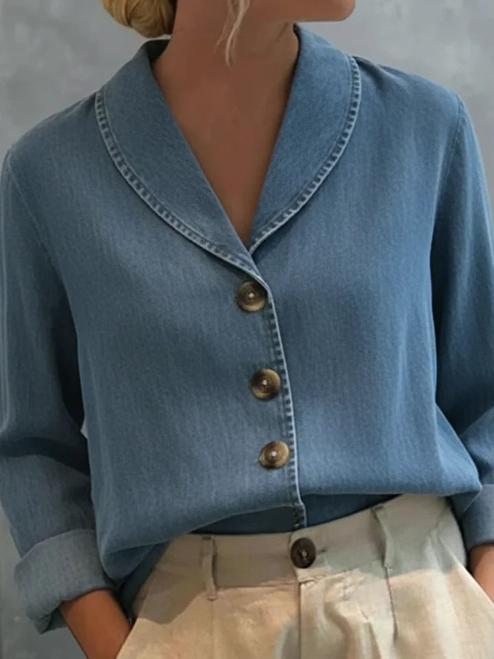 Women's Vintage Shawl Collar Button Denim Cotton Blouse